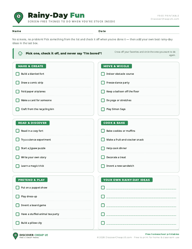 Preview of Rainy-Day Activity List