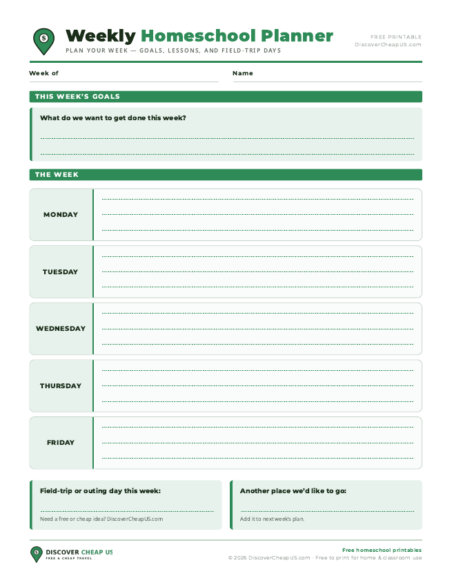 Preview of Weekly Homeschool Planner